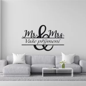 SAMOLEPKA na zeď – Nápis – Mr. a Mrs. + Vaše příjmení ( 70 x 43 cm )